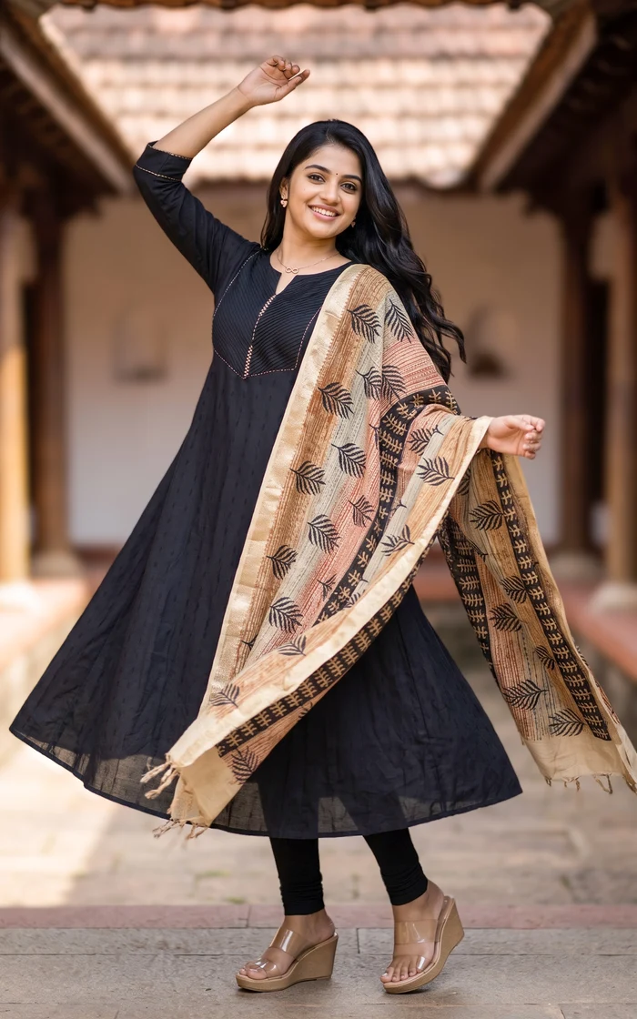 Black Anarkali Kurta with Beige Block-print Dupatta